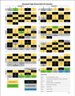 School calendar including the black and gold days reflecting A and B bell schedules.